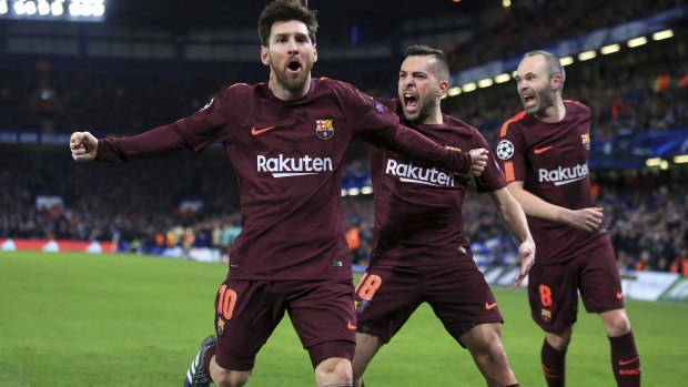Lionel Messi celebrates his goal against Chelsea.