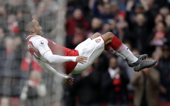 Arsenal's Pierre-Emerick Aubameyang celebrates scoring his side's second goal against Watford on Sunday.