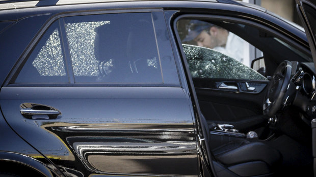 Mick Hawi's bullet-ridden car at Rockdale on Thursday. 