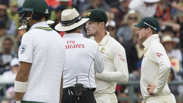 No explanation: Cameron Bancroft talking to the umpire after the ball tampering incident.