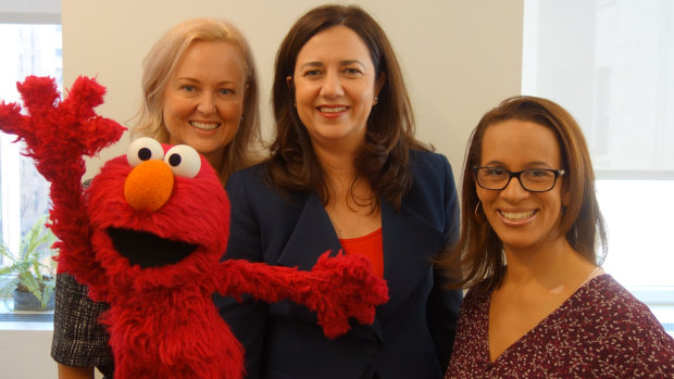 Premier Annastacia Palaszczuk, Screen Queensland chief executive Tracey Vieira and Sesame Street producer Kim Wright with Elmo at their meeting in New York.