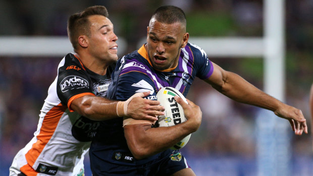 Tigers roar: Luke Brooks and co toppled the Storm in Melbourne.