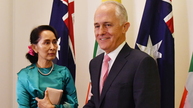 Myanmar's State Counsellor Aung San Suu Kyi meets Malcolm Turnbull at Parliament House on Monday.