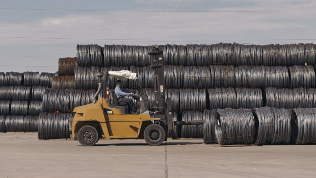 Bales of raw steel imports in Houston, Texas.
