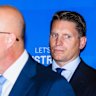 Andrew Hastie standing behind Peter Dutton at a press conference in Darwin earlier in the campaign.