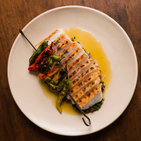 Petermen’s coral trout for two on chimichurri with O Couto peppers.