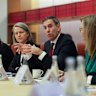 Jim Chalmers with Finance Minister Katy Gallagher, Treasury secretary Jenny Wilkinson and Productivity Commission member Angela Jackson, talks to the roundtable.