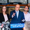 Dutton speaks to the media in Nelson Bay, NSW, on Monday.