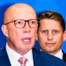 Dutton and Hastie at a campaign press conference last week.