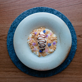 Koshihikari rice custard with rhubarb and grape must. 