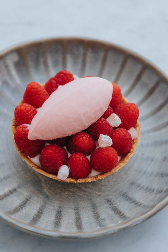 Raspberry tart with honey yoghurt. 