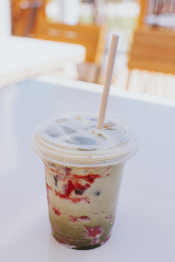 Iced strawberry matcha tea.