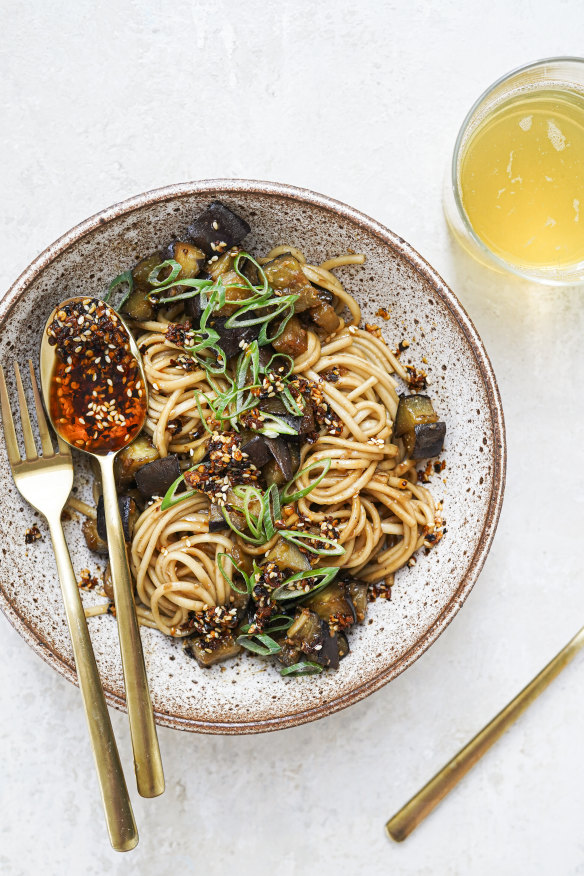 Miso eggplant noodles with crunchy chilli oil.