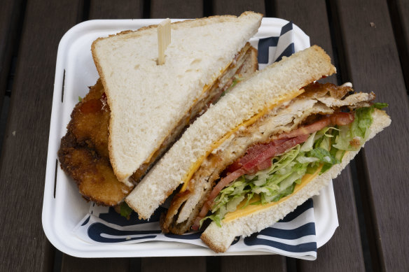 The GOAT with chicken schnitzel, salad, sweet chilli and mayonnaise sauce.