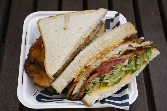 The GOAT with chicken schnitzel, salad, sweet chilli and mayonnaise sauce.