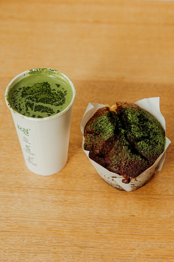 Matcha latte and matcha muffin.