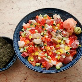 Elka Sushi in Footscray prepares its OG chirashi bowls with cubes of dry-aged Ora King salmon, bluefin tuna, hamachi and snapper.