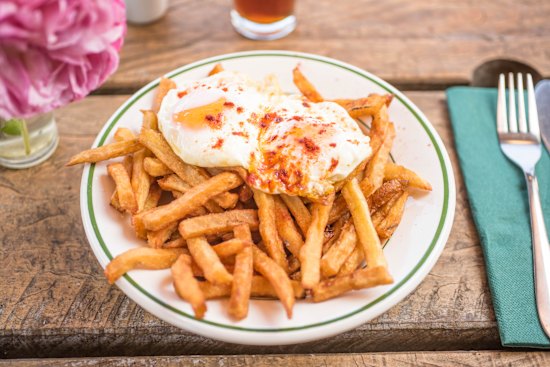 Fried eggs on chips at the Bunyip Hotel in Cavendish, Victoria.
