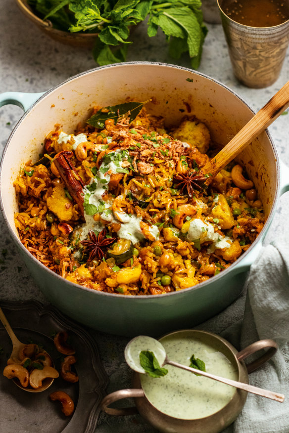 Rather than layered, this is a big bowl of rich, curried vegetables and fragrant rice.