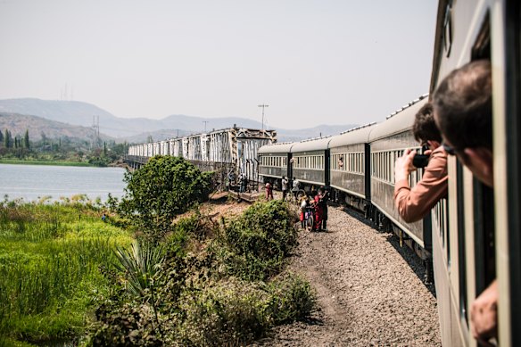 The train approaches the 120-year-old Kafue Railway Bridge in Zambia.