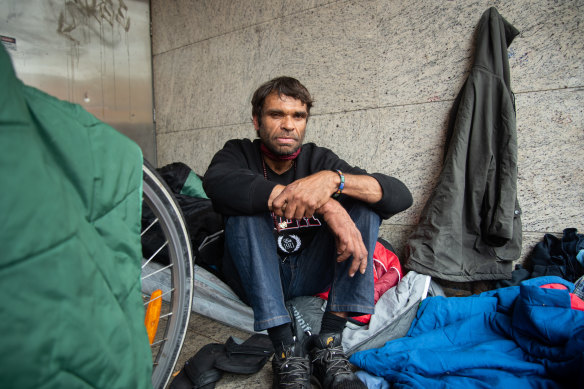 Brendon Jones at a homeless camp on James Street in Northbridge. 