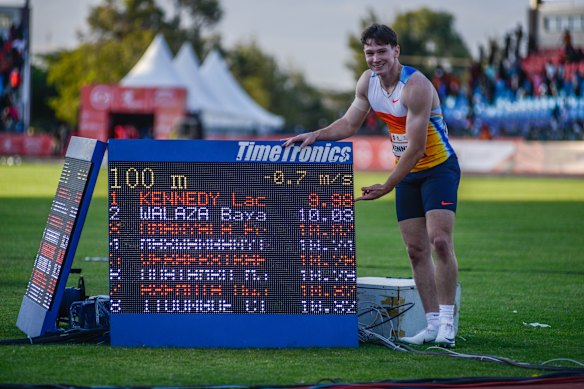 Lachlan Kennedy of Australia celebrates after winning the men’s 100m race during the Kip Keino Classic  World Athletics Continental Gold Tour event at Ulinzi Sports Complex in Nairobi, Kenya on May 31, 2025.