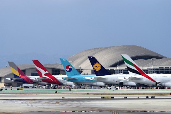 Aircraft parked at Los Angeles International Airport. While Australians are still heading to the US in increasing numbers, some other nationalities, including South Koreans and Germans, are staying away.