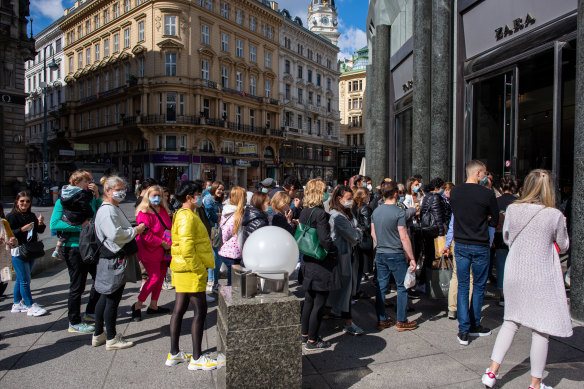 Shoppers in Vienna wait to get into a Zara clothing store opening for the first time since the government imposed restrictions to slow the spread of coronavirus. 