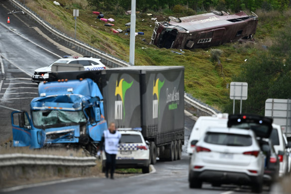 The badly damaged truck and bus that collided in Bacchus Marsh.