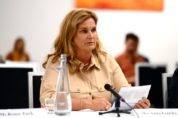 Anita Frawley speaks during a public hearing into the inquiry into concussion and repeated head trauma in contact sports, in Melbourne,
