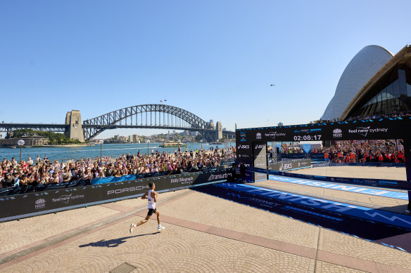 Men’s marathon winner Othamane El Goumri finishes with a scenic backdrop.