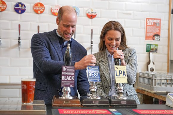 The Prince and Princess of Wales pull pints while visiting a south London brewery last week.