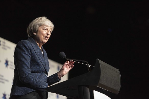 Theresa May speaks in Melbourne earlier this month