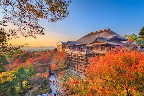 Kyoto’s stunning Kiyomizu-dera Temple, enveloped by autumn colours, dates to 778 and is a UNESCO-listed World Heritage Site. 