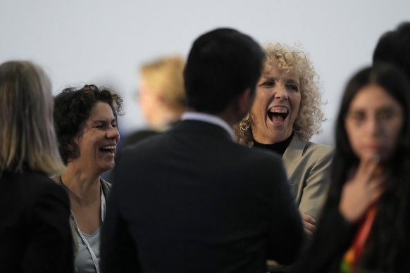 Maisa Rojas, minister of environment of Chile, left, and Germany’s climate envoy Jennifer Morgan ahead of a closing plenary session at the COP27 UN Climate Summit on Sunday.