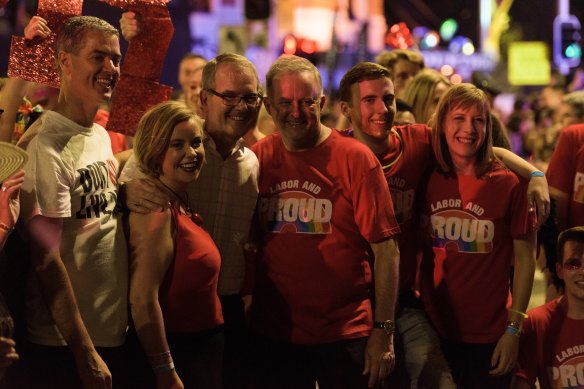 Anthony Albanese and NSW state MP Michael Daley and other Labor supporters at the Sydney Gay and Lesbian Mardi Gras in 2019. 
