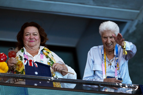 Australia’s richest woman Gina Rinehart in the stands in Paris with eight-time Olympic medallist Dawn Fraser.