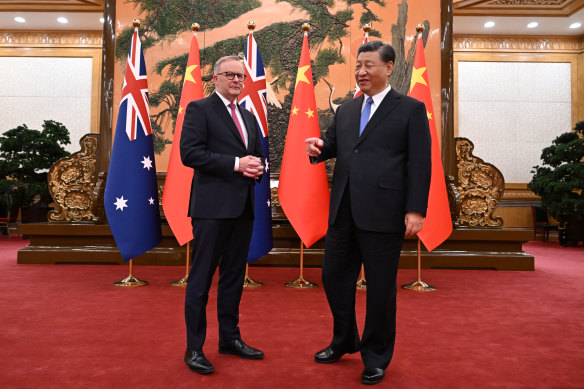 All smiles at the meeting between Albanese and Xi in Beijing.