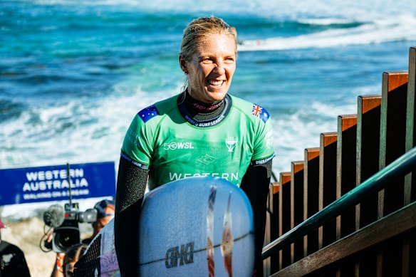 Eight-time WSL Champion Stephanie Gilmore of Australia after surfing in round 1 at the Margaret River Pro on Thursday.