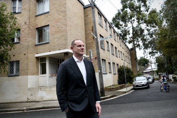 Inner West mayor Darcy Byrne in front of Casa Blanca in Balmain, once a boarding house, now an apartment block for low-income residents.