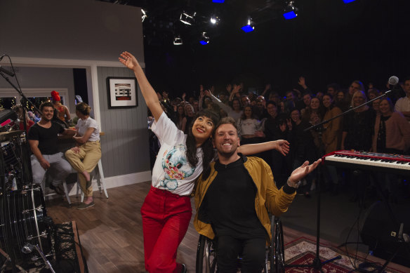 Linda Marigliano with her co-host Dylan Alcott on the set of ABC live music series The Set.