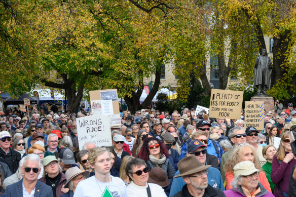 Protesters during the Stop the Stadium rally in Hobart on Saturday.