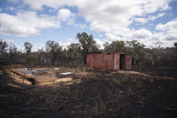 A metal container at the back of an acreage on Harper Road razed by the bushfires.
