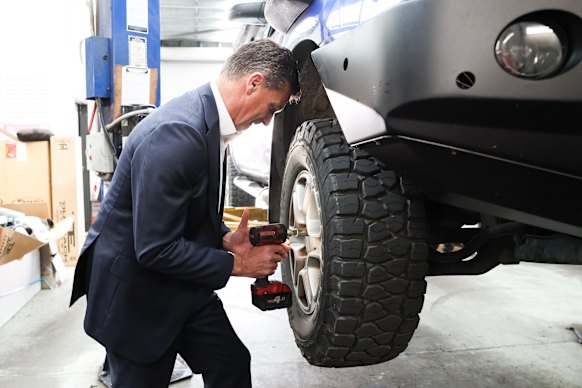 Angus Taylor visiting a business in Canberra on Monday.