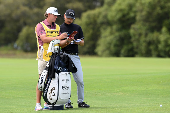 Min Woo Lee and his golf bag which advertises wagyu beef and his Instagram handle.