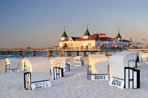Strandkorbs are wicker sofas with a canvas hood and are popular on Timmendorfer Strand, Germany.
