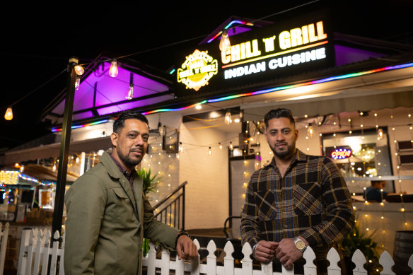 Raj Sagwal and business partner Garry Bajaj in front of their Chill ‘N’ Grill Indian Restaurant in Wigram Street, Harris Park.