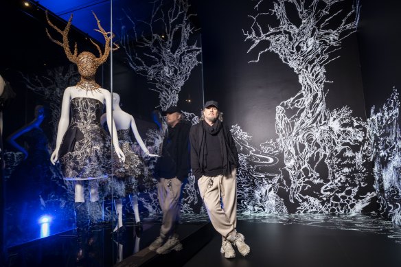 Opening of the Alexander McQueen exhibition at the NGV. Designer Michael Schmidt with some of his commissioned headpieces.