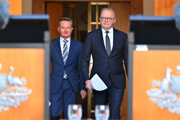 Energy Minister Chris Bowen and Prime Minister Anthony Albanese at Parliament House on Tuesday.