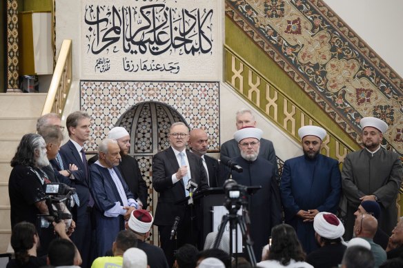 Anthony Albanese speaks to a packed Lakemba Mosque to promote the Yes vote in early October.